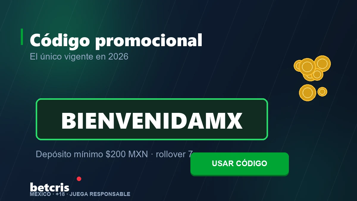Pantalla del cajero de Betcris México con el código promocional BIENVENIDAMX seleccionado antes de confirmar el primer depósito